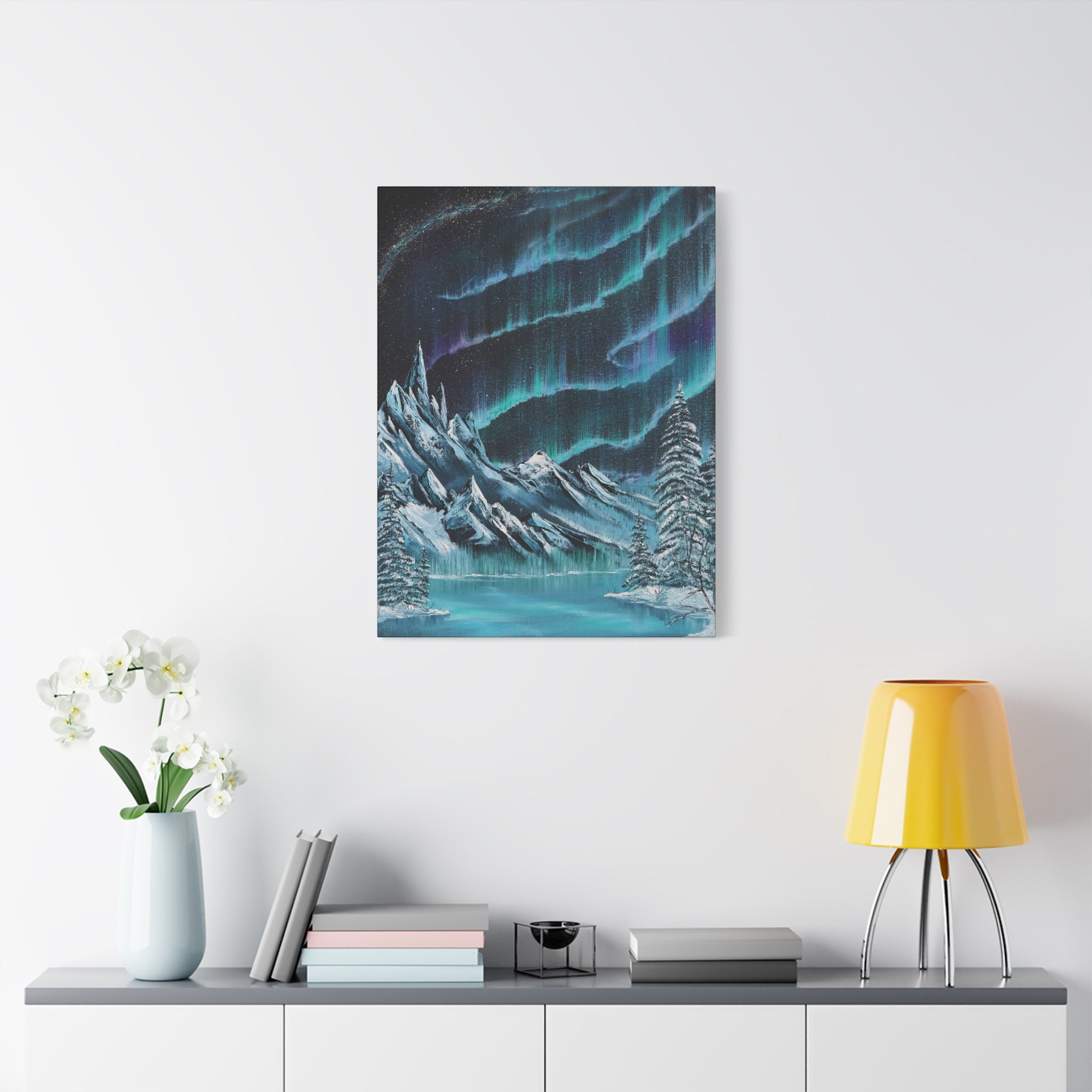 Original Painting Winter Northern Lights Mountain Snowy
